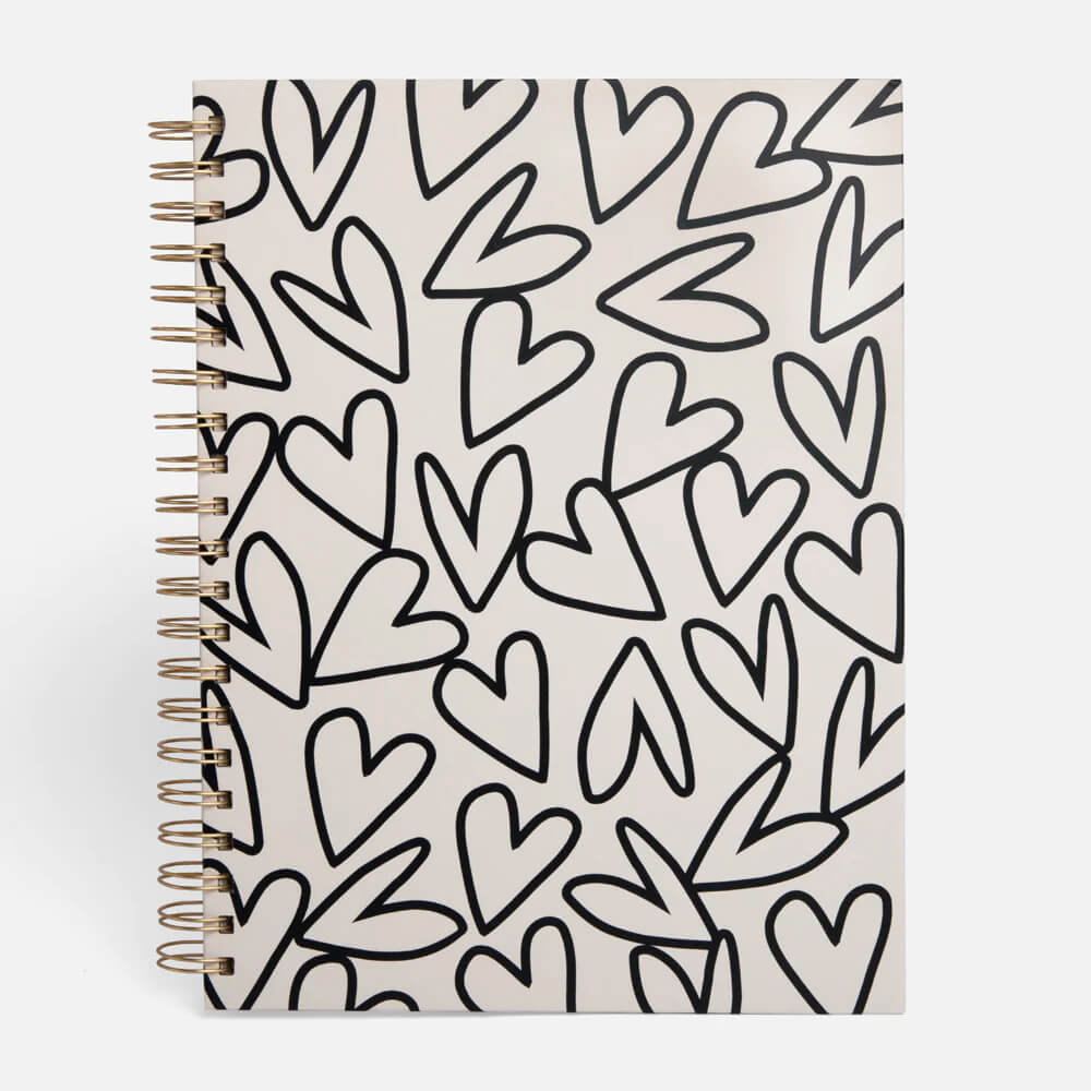 Caroline Gardner Mono Outline Hearts Spiral A4 Hardback Notebook